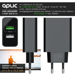 USB-Ladegerät 3000 mA, 2-Port, 30W, Quick Charge 3.0 (QC 3.0) Schnelladefunktion ^ Aplic Best