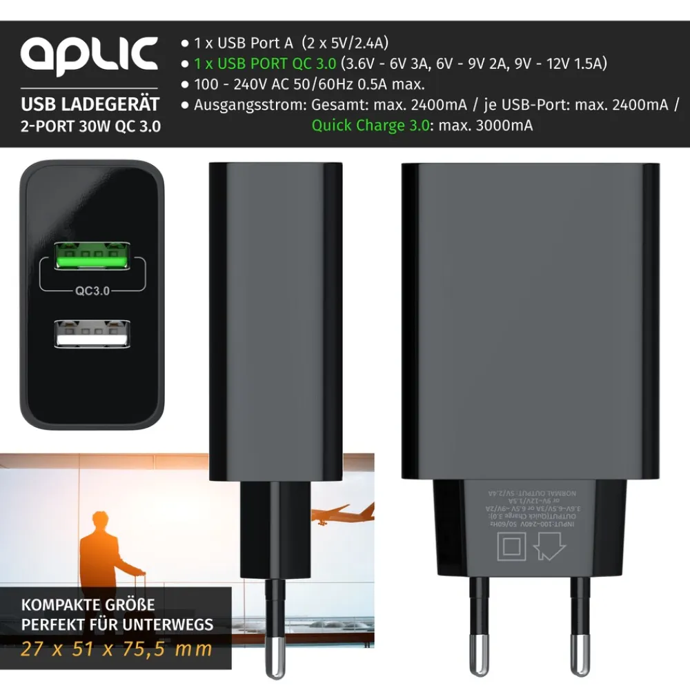 USB-Ladegerät 3000 mA, 2-Port, 30W, Quick Charge 3.0 (QC 3.0) Schnelladefunktion ^ Aplic Best