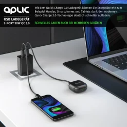 USB-Ladegerät 3000 mA, 2-Port, 30W, Quick Charge 3.0 (QC 3.0) Schnelladefunktion ^ Aplic Best