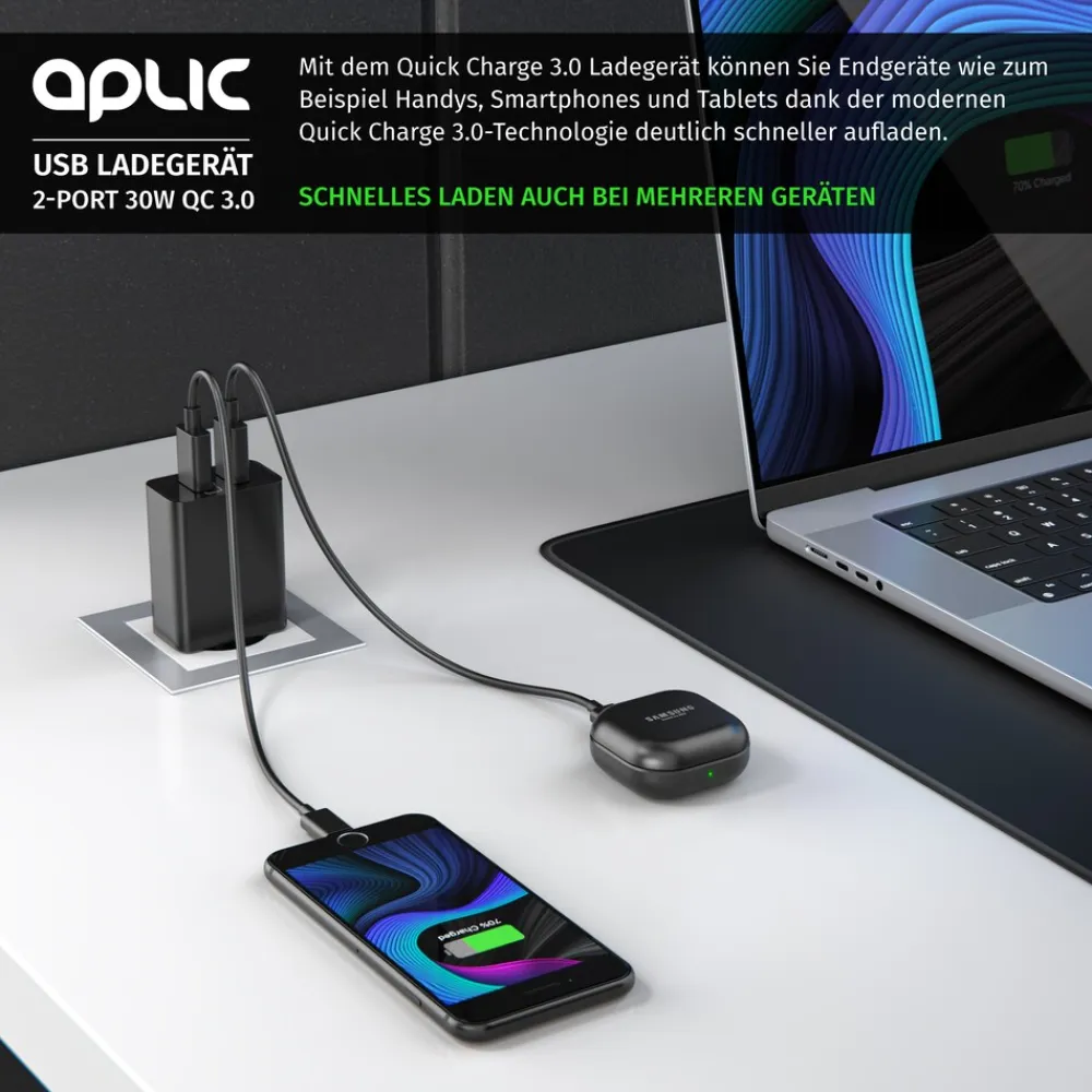 USB-Ladegerät 3000 mA, 2-Port, 30W, Quick Charge 3.0 (QC 3.0) Schnelladefunktion ^ Aplic Best