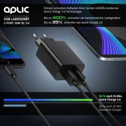 USB-Ladegerät 3000 mA, 2-Port, 30W, Quick Charge 3.0 (QC 3.0) Schnelladefunktion ^ Aplic Best