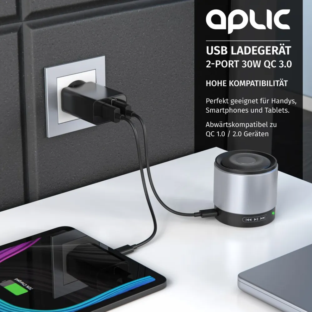 USB-Ladegerät 3000 mA, 2-Port, 30W, Quick Charge 3.0 (QC 3.0) Schnelladefunktion ^ Aplic Best
