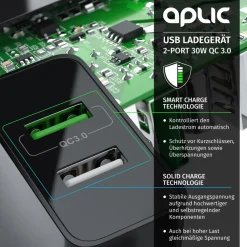 USB-Ladegerät 3000 mA, 2-Port, 30W, Quick Charge 3.0 (QC 3.0) Schnelladefunktion ^ Aplic Best