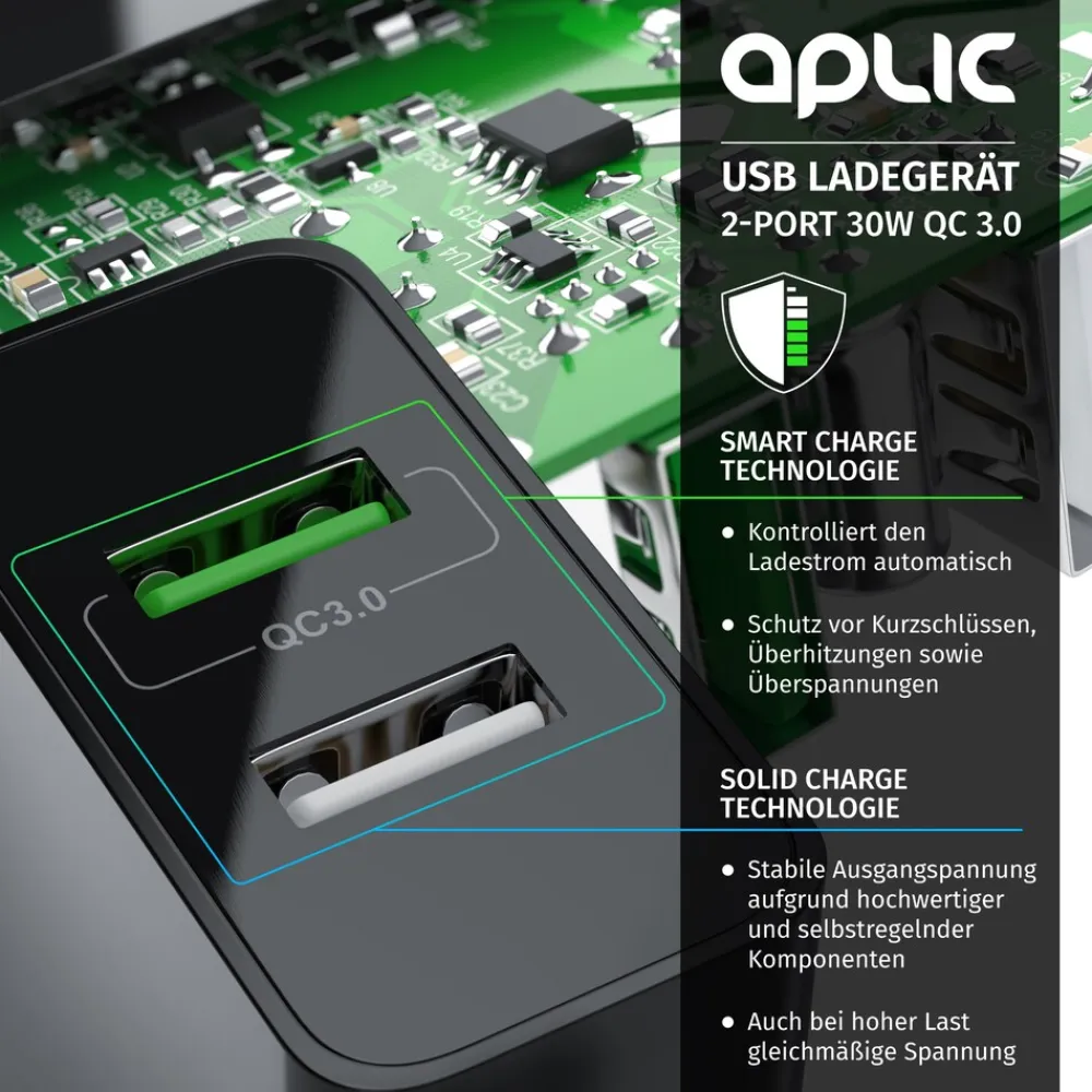 USB-Ladegerät 3000 mA, 2-Port, 30W, Quick Charge 3.0 (QC 3.0) Schnelladefunktion ^ Aplic Best