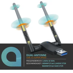 Aplic WLAN-Stick, WIFI Dongle USB 3.0, 1200 MBit/s Dual Band 2,4 + 5 Ghz externe Antennen Best