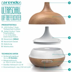 Arendo Aroma Diffuser, Luftbefeuchter, Vernebler in Holz Optik, Diffusor mit 7 Farben LED, Timer Funktion, 300ml, Hellbraun New