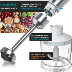 Arendo Edelstahl Stabmixer Set - vierflügeliges Messer - Pürierstab - Variabler Geschwindigkeitsregler + Turbotaste New