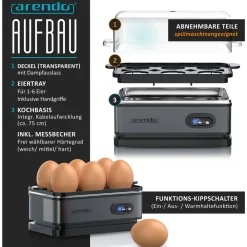 Arendo Eierkocher 6-fach, 400 W, Edelstahl, Warmhaltefunktion, Härtegrad einstellbar, für 6 Eier, grau Best