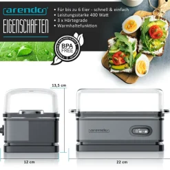 Arendo Eierkocher 6-fach, 400 W, Edelstahl, Warmhaltefunktion, Härtegrad einstellbar, für 6 Eier, grau Best