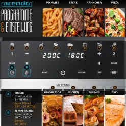 Arendo HeiBluftfritteuse XXL Doppelkammer Airfryer , Dual Zone, Sichtfenster mit Beleuchtung, 2400 W, mit Zubehdr, Touchscreen, 3D Umluftsystem, fettarmes gesundes Kochen Clearance