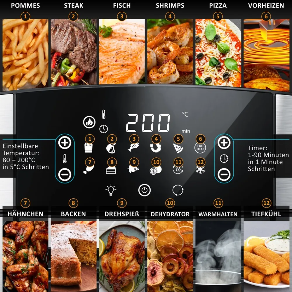 Arendo Heißluftfritteuse Multifunktionsofen 16L, Backofen Umluft, Grill, Dörrautomat, Air Fryer, 1800 W, XXL Fritteuse ohne Öl mit Zubehör für Pizza, Hähnchen, Pommes uvm. Discount