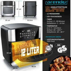 Arendo Heißluftfritteuse Multifunktionsofen 16L, Backofen Umluft, Grill, Dörrautomat, Air Fryer, 1800 W, XXL Fritteuse ohne Öl mit Zubehör für Pizza, Hähnchen, Pommes uvm. Discount