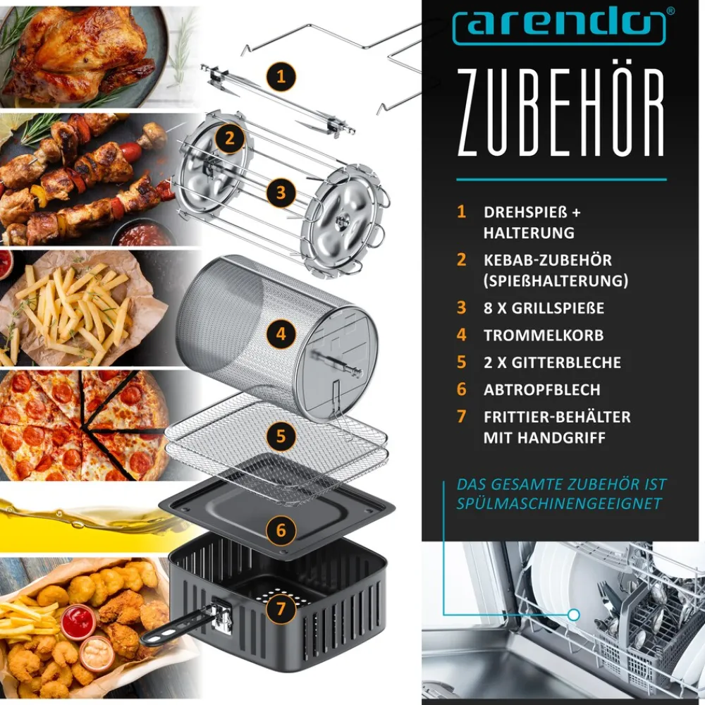 Arendo Heißluftfritteuse Multifunktionsofen 16L, Backofen Umluft, Grill, Dörrautomat, Air Fryer, 1800 W, XXL Fritteuse ohne Öl mit Zubehör für Pizza, Hähnchen, Pommes uvm. Discount