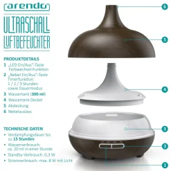 Arendo Luftbefeuchter, Aroma Diffuser in Holz Design mit LED, Diffusor, Timer Funktion, 7-Farben Wechsel, 300ml, Dunkelbraun Best