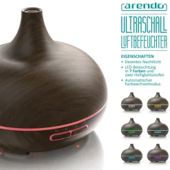 Arendo Luftbefeuchter, Aroma Diffuser in Holz Design mit LED, Diffusor, Timer Funktion, 7-Farben Wechsel, 300ml, Dunkelbraun Best