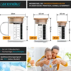 Arendo Messkrug Set 50, 125, 250 ml, Glas, luftdicht, mit Deckel Discount
