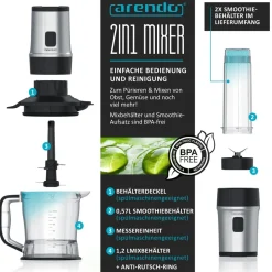 Standmixer 700 W, Edelstahl Mixer & Zerkleinerer 1,2L 2IN1 inkl. 2x Mixbehälter je 0,57L ^ Arendo Best