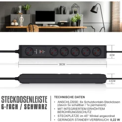 Arendo Steckdosenleiste Mehrfachsteckdose Steckerleiste 3680W, 6-fach Discount