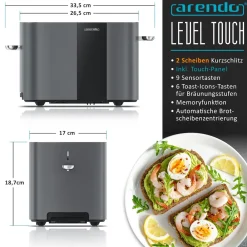 Toaster Edelstahl, Kurzschlitz, Touch Display, Bräunungsgrad- & Restzeitanzeige, 2 Schlitze, 2 Scheiben, 800 W, Brötchenaufsatz, wärmeisoliert ^ Arendo Discount