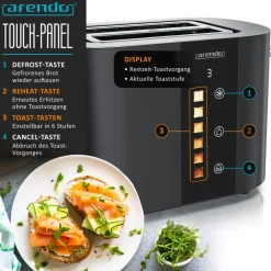 Toaster Edelstahl, Kurzschlitz, Touch Display, Bräunungsgrad- & Restzeitanzeige, 2 Schlitze, 2 Scheiben, 800 W, Brötchenaufsatz, wärmeisoliert ^ Arendo New