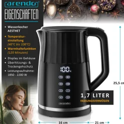 Arendo Wasserkocher, Edelstahl oder Glas, Temperaturanzeige & Warmhaltefunktion Discount