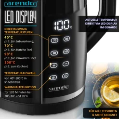 Arendo Wasserkocher, Edelstahl oder Glas, Temperaturanzeige & Warmhaltefunktion Discount