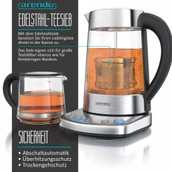 Wasserkocher 1,7 l, 2400 W, Edelstahl mit Teeaufsatz, Teekocher, Temperatureinstellung 70 - 100° C ^ Arendo Hot