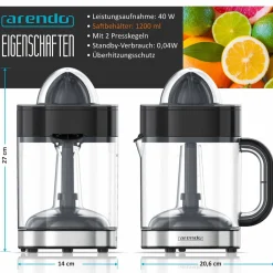 Arendo Zitruspresse mit 40 W & 700 ml Fruchtsaftbehälter Presskegel mit zwei Drehrichtungen New