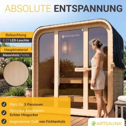 Artsauna ® Cube Fasssauna Fjora Natur - Panoraa-Sicherheitsglas Front, kofortable Bank it Trittstufen, 3,6 kW Ofen, Outdoor Sauna Koplettset für 3 Personen Discount