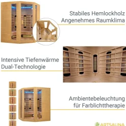 Artsauna Eck Infrarotkabine Nyborg E150V Vollspektrum mit Ambiente Beleuchtung – 4 Personen