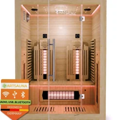® Infrarotkabine Aarhus140 Natur - Premium Hemlock-Holz, 5 Dual Vollspektrumstrahler mit Dimmer & Flächenstrahler, LED Farblicht, 140x120x190 cm ^ Artsauna