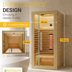 Artsauna ® Infrarotkabine Trondheim90 - Vollspektrumstrahler mit LED-Beleuchtung, Bluetooth Audio, App-Steuerung, 1705 W Leistung Natur Hot
