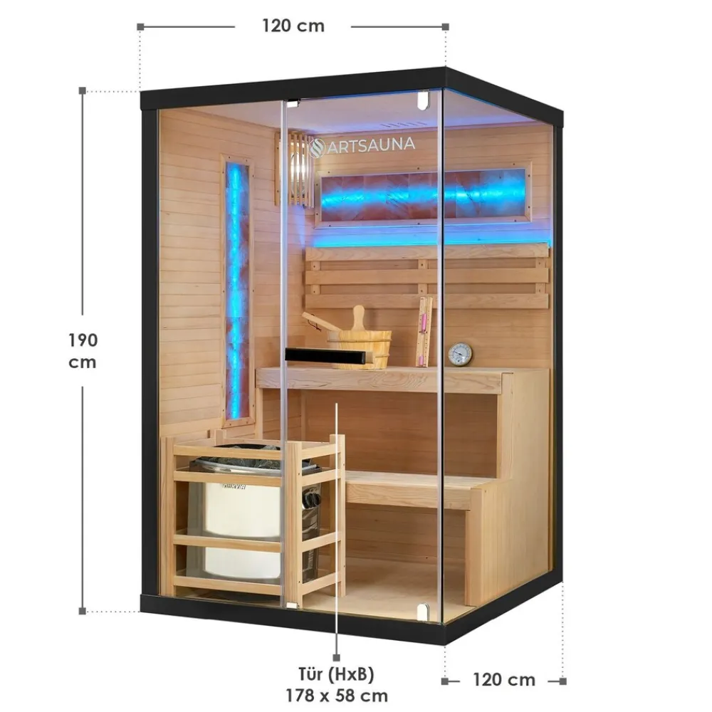 Artsauna Saunakabine Vantaa 120 mit Himalaya Salzstein - Indoor Sauna für 2 Personen, 3,5 kW Ofen, Glasfront Schwarz Online