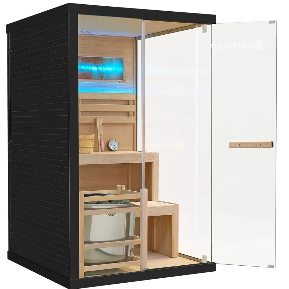 Artsauna Saunakabine Vantaa 120 mit Himalaya Salzstein - Indoor Sauna für 2 Personen, 3,5 kW Ofen, Glasfront Schwarz Online