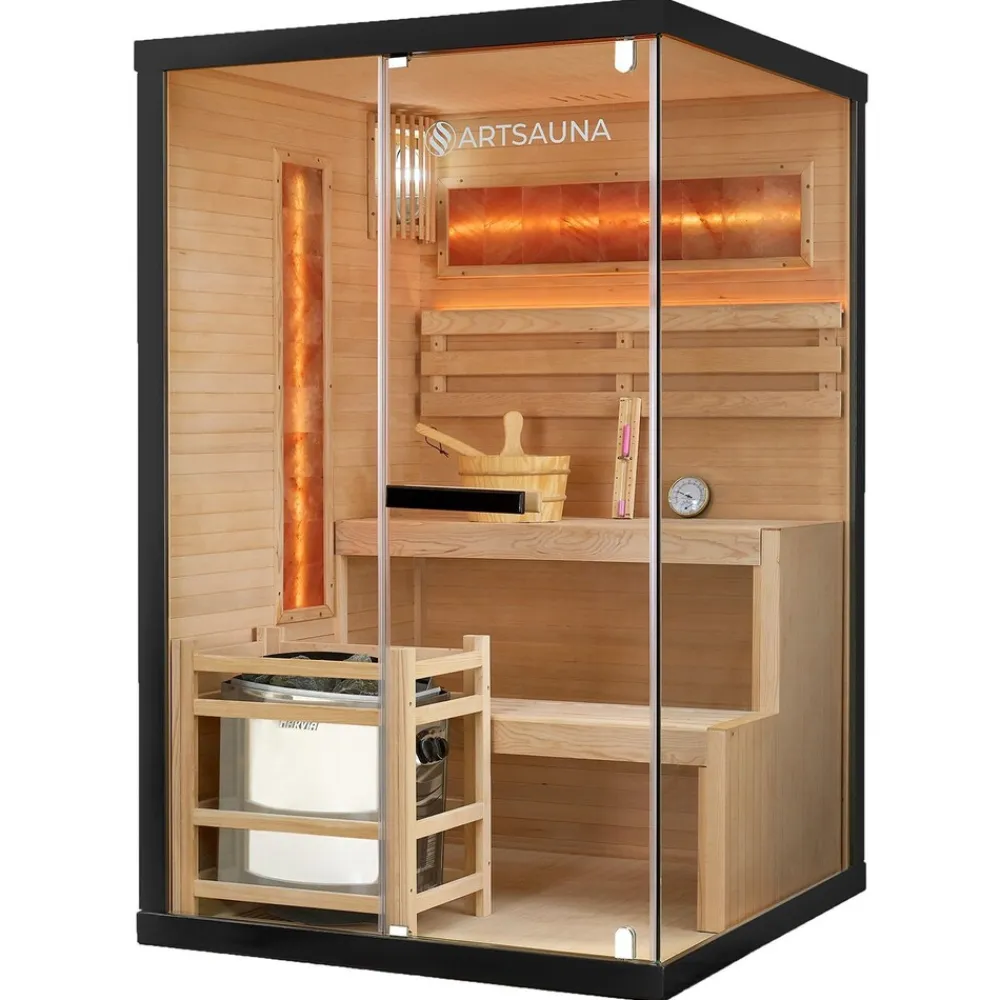 Artsauna Saunakabine Vantaa 120 mit Himalaya Salzstein - Indoor Sauna für 2 Personen, 3,5 kW Ofen, Glasfront Schwarz Online