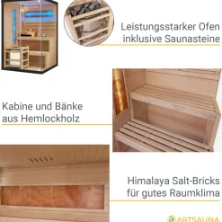 Artsauna Saunakabine Vantaa 120 mit Himalaya Salzstein - Indoor Sauna für 2 Personen, 3,5 kW Ofen, Glasfront Schwarz Online