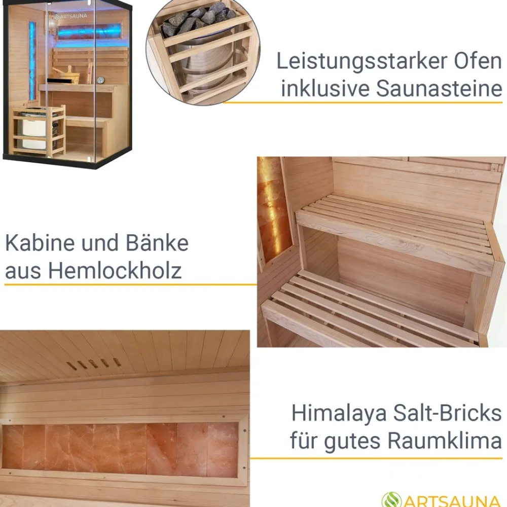 Artsauna Saunakabine Vantaa 120 mit Himalaya Salzstein - Indoor Sauna für 2 Personen, 3,5 kW Ofen, Glasfront Schwarz Online