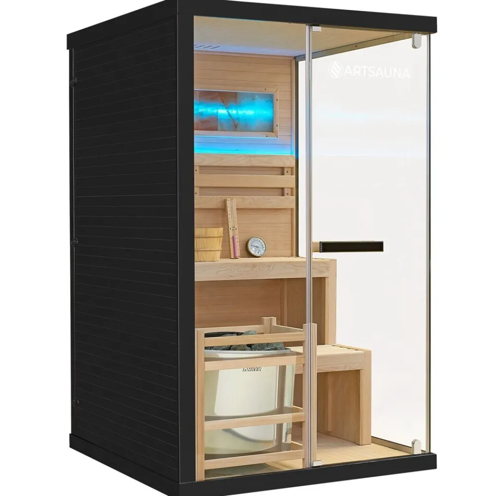 Artsauna Saunakabine Vantaa 120 mit Himalaya Salzstein - Indoor Sauna für 2 Personen, 3,5 kW Ofen, Glasfront Schwarz Online