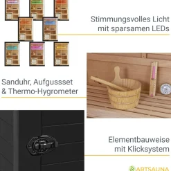 Artsauna Saunakabine Vantaa 120 mit Himalaya Salzstein - Indoor Sauna für 2 Personen, 3,5 kW Ofen, Glasfront Schwarz Online