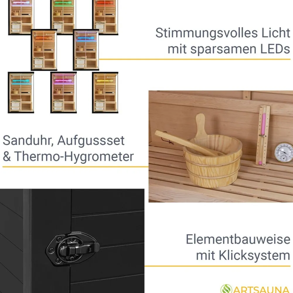 Artsauna Saunakabine Vantaa 120 mit Himalaya Salzstein - Indoor Sauna für 2 Personen, 3,5 kW Ofen, Glasfront Schwarz Online