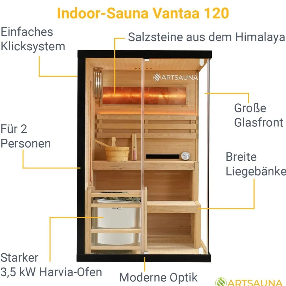 Artsauna Saunakabine Vantaa 120 mit Himalaya Salzstein - Indoor Sauna für 2 Personen, 3,5 kW Ofen, Glasfront Schwarz Online