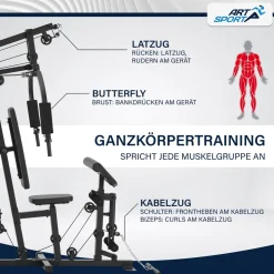 Kraftstation ProfiGym 3000 mit 14 Gewichten, 77 kg - Bizeps, Lattzug, Butterfly - Schwarz ^ ArtSport New