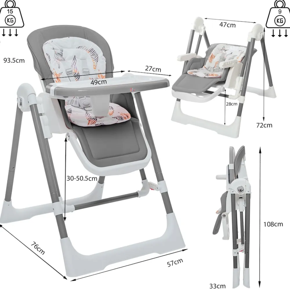 3in1 Kinderhochstuhl / Babywippe höhenverstellbar für Kinder - Lulu in Grau ^ Baby Vivo