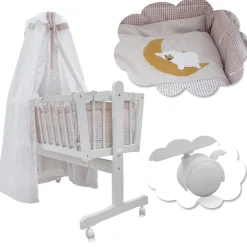 Baby Wiege Kinder Bett Stubenwagen Beistellbett + 9 tlg. Zubehör Weiß / Beige ^ Oskar Hot