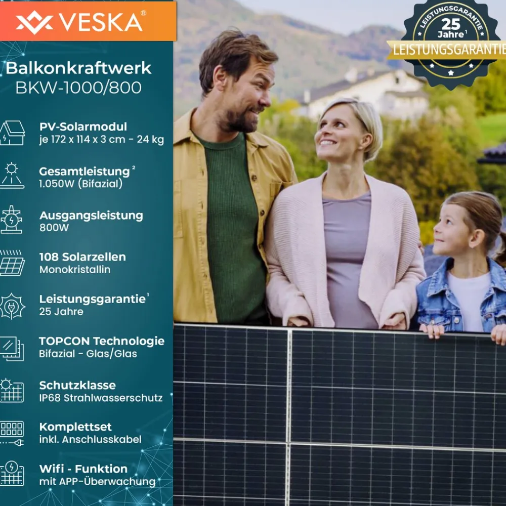 Veska Balkonkraftwerk 1000/800W Bifazial Photovoltaik Solaranlage WIFI Smarte Mini-PV Anlage Sale