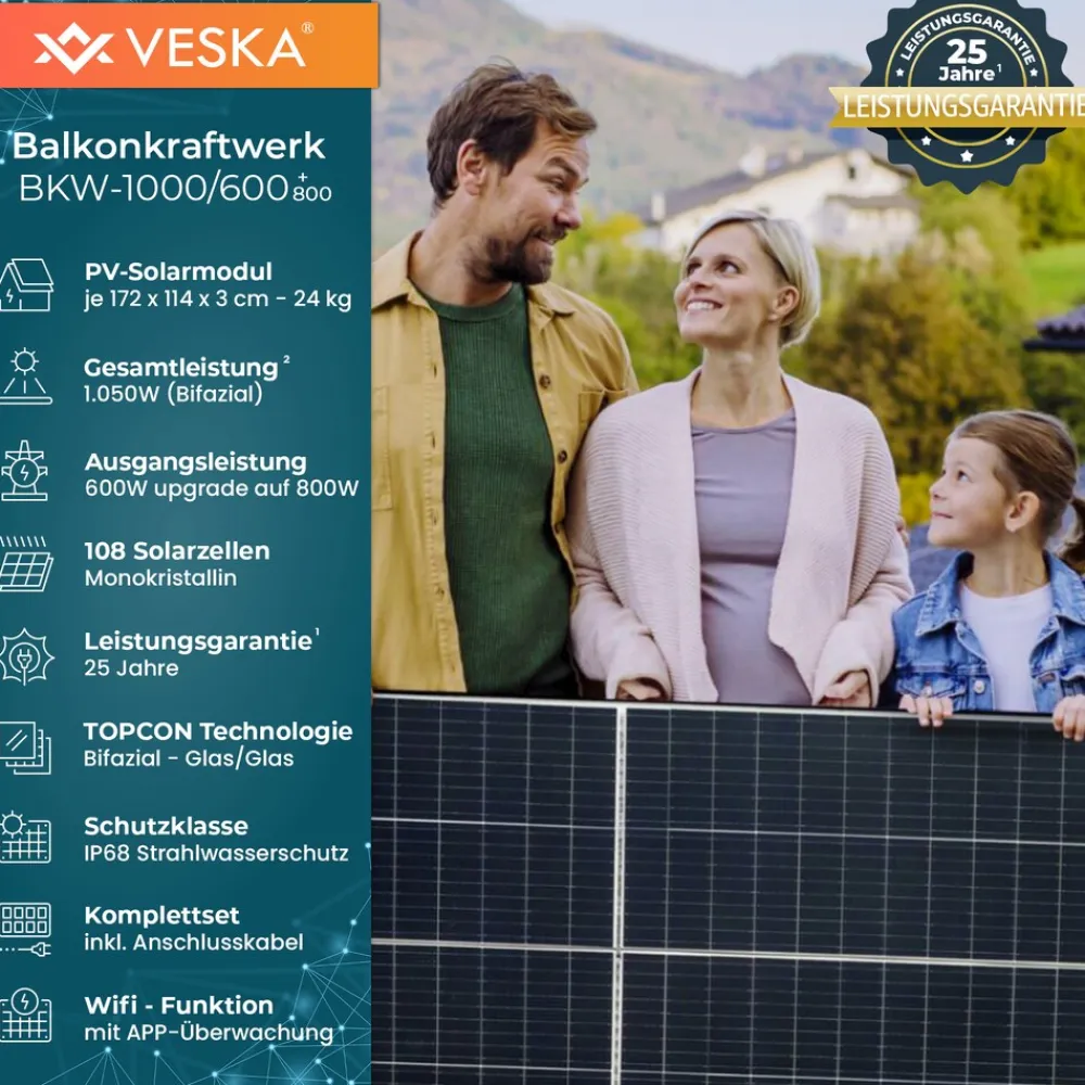 Veska Balkonkraftwerk 1000/600+800W upgradefähig Bifazial Photovoltaik Solaranlage WIFI Smarte Mini-PV Anlage Hot