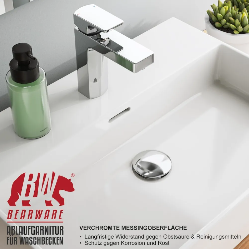 Ablaufgarnitur mit Überlauf Stöpsel - Messing verchromt - 11/4 Zoll - Ablaufventil - für Waschbecken Spüle Küche Bad - Ersatzdichtungen ^ BEARWARE