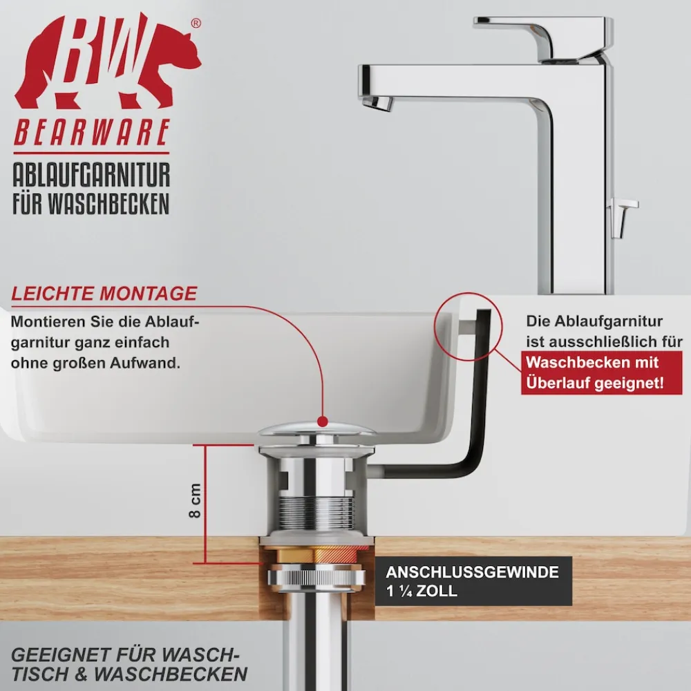 Ablaufgarnitur mit Überlauf Stöpsel - Messing verchromt - 11/4 Zoll - Ablaufventil - für Waschbecken Spüle Küche Bad - Ersatzdichtungen ^ BEARWARE