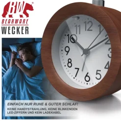 Analoger Wecker mit rundem Holzkorpus Holz Wecker mit beleuchtetem Ziffernblatt ^ BEARWARE