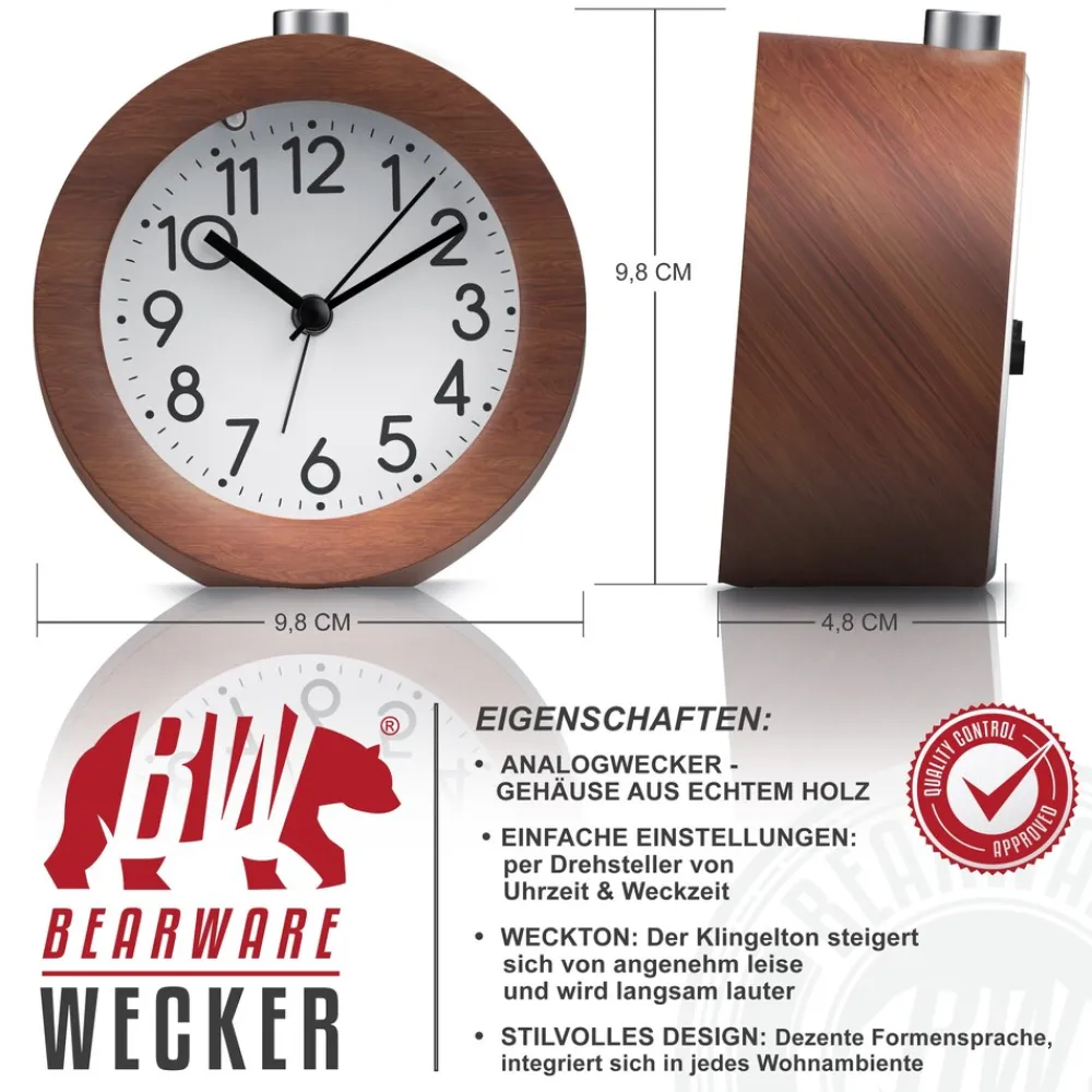 Analoger Wecker mit rundem Holzkorpus Holz Wecker mit beleuchtetem Ziffernblatt ^ BEARWARE
